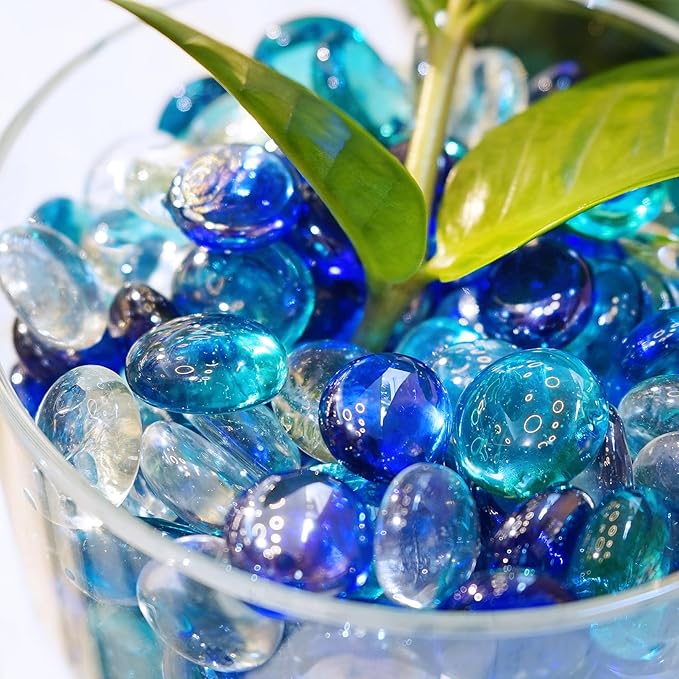 10LB Blue Mix Flat Glass Marbles for Vases, Mancala Stones Gemstone Beads Vase Filler Decorative Glass Pebbles for Fish Tank, DIY Crafts, Aquarium Decor Rocks