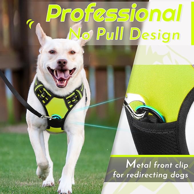 Eagloo Dog Harness Medium Sized Dog, No Pull Service Vest with Reflective Strips and Control Handle, Adjustable and Comfortable for Walking, No Choke Pet Harness with 2 Metal Rings, Green, M