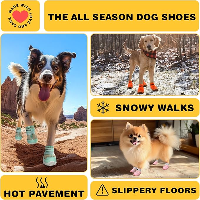 Hcpet Dog Shoes for Large Dogs, Waterproof Dog Booties for Small Medium Dogs, Anti-Slip Dog Boots & Paw Protectors for Hot Pavement Winter Snow Hiking with Reflective Straps Khaki Size 4