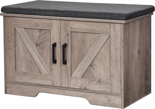2-Tier Storage Bench, Shoe Bench with Padded Seat Cushion, Entryway Bench with 2 Barn Doors, Adjustable Shelf, 13.8" D x 27.6" W x 17.7" H, for Entryway, Living Room, Bedroom, Greige