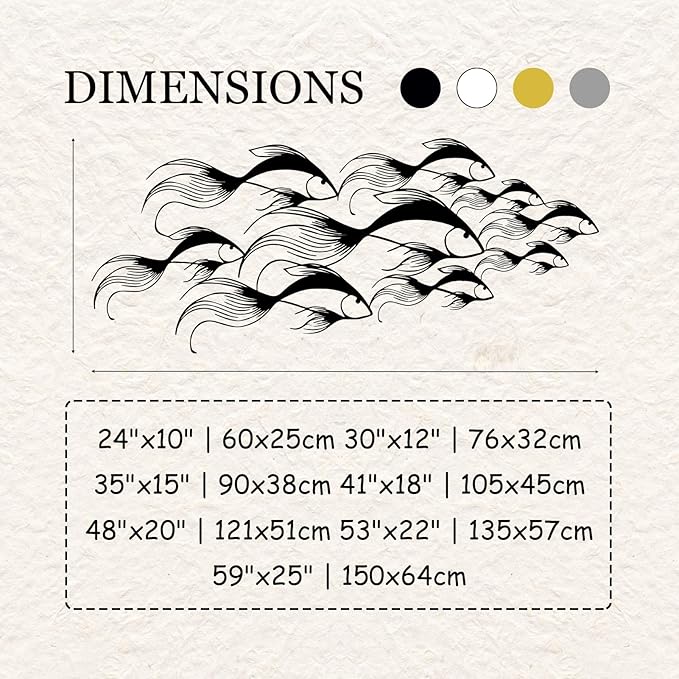 School of Fish Metal Wall Art, Metal Fish Wall Decor, Sea Life Wall Art, Large Nautical Wall Hanging, Modern Beach House Wall Decor, Ocean Themed Artwork for Bathroom (Black, 35"x15" | 90x38cm)