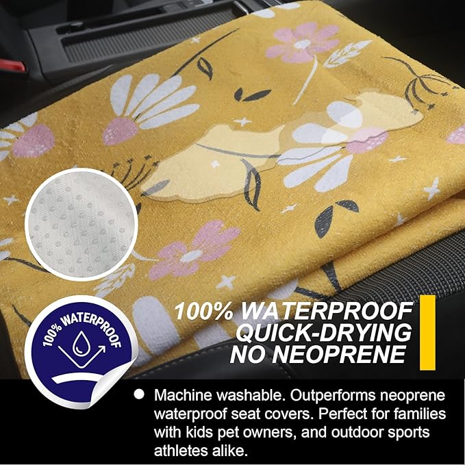 Back Seat Cover for Car Trucks Van SUV,Waterproof Rear Bench Towel Seat Covers for Dogs and Kids,Automotive Backseat Protector (Chamomile and Yellow)