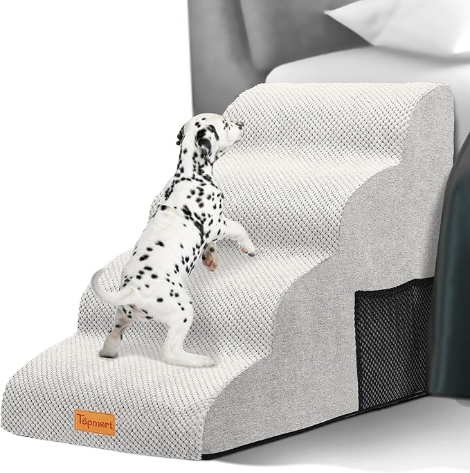 Topmart High Density Foam Dog Steps 4 Tiers,Extra Wide Deep Pet Steps,Non-Slip Dog Stairs Ramp for Bed,Soft Foam Cat Ladder,Best for Older Injured,Older Pets,Cats with Joint Pain