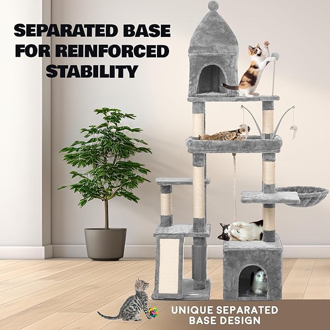 Large Cat Tree Tower for Large Cats, Cat Scratching Post, Self Grooming Post, Interactive Cat Toys, Oversized Perch and Basket, Heavy Duty 72", Light Grey