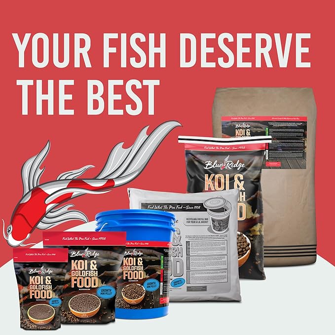 Blue Ridge Koi Fish Food 14lb - Koi Food Mini Growth Formula, Goldfish Food, Premium Fish Food for Ponds, Ponds Fish Food, Floating Pond Pellets