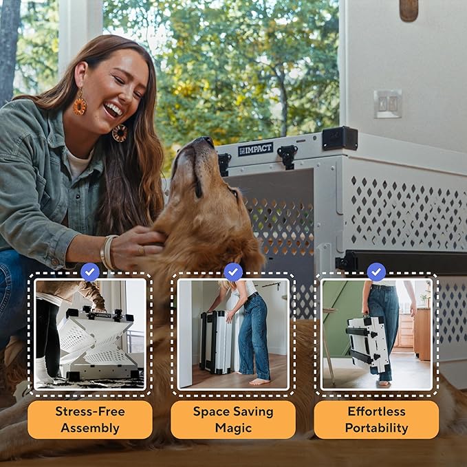 Impact Collapsible Dog Crate - Foldable Hard Crate for Intermediate Dogs - Heavy Duty Travel Kennel with Powder-Coated Aluminum - Quick Setup for Indoor & Outdoor (Gray, 34" (34.5" L x 23" W x 29" H))