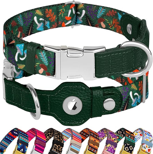 AirTag Dog Collar for Small Medium Large Breed - Adjustable Cute Pattern Dog Collar with Airtag Holder - Soft Leather Tracker GPS Apple Air Tag Pet Collars (Medium, 14"-18" Neck Fit, Mushroom)