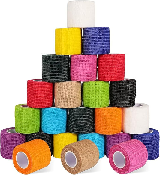24 Pack Self Adhesive Bandage Wrap 2 Inch, Cohesive Medical Tape for Sports, Elastic Vet Wrap for Athletic, Ankle, Wrist Sprains, Pet First Aid