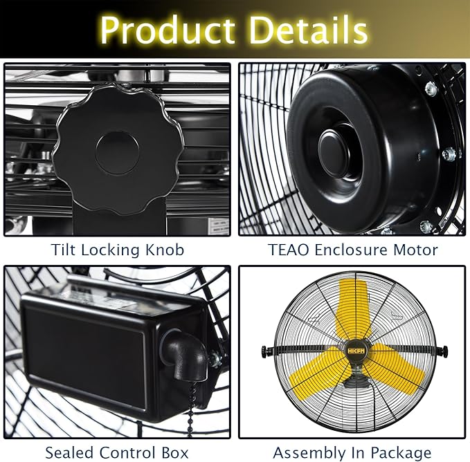 HiCFM 9100 CFM 24 inch Heavy Duty Industrial Wall Mounted Fan with TEAO Enclosure Motor, Permanent Lubricated Ball Bearing, 180 Degree Tilting, Safety Yellow Blade Wall Fan - UL Listed, 2 PACK