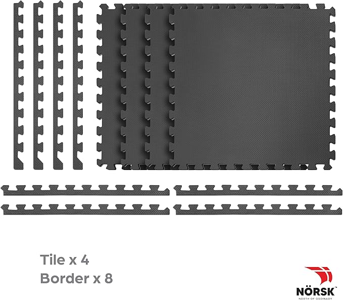 Norsk Multi-Purpose Reversible Floor Mats - EVA Interlocking Foam Tiles (Gray/Black 24 Tiles - 96 sq. Ft. 1/2" Thick)