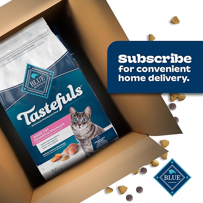 Blue Buffalo Tastefuls Natural Dry Food for Adult Cats, Sensitive Stomach, Chicken & Brown Rice Recipe, 3-lb. Bag