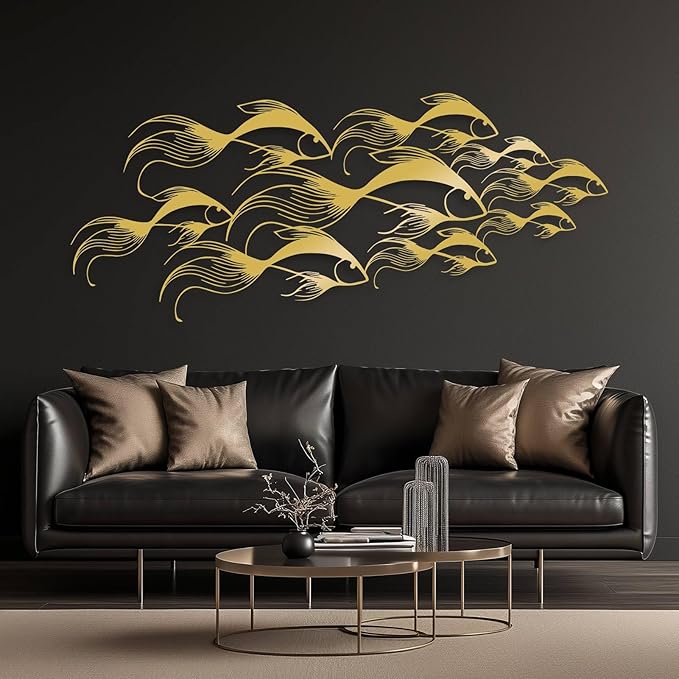 School of Fish Metal Wall Art, Metal Fish Wall Decor, Sea Life Wall Art, Large Nautical Wall Hanging, Modern Beach House Wall Decor, Ocean Themed Artwork for Bathroom (White, 35"x15" | 90x38cm)