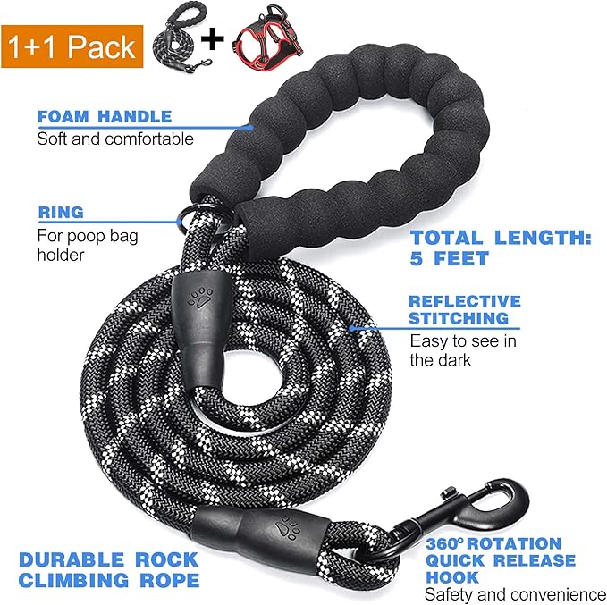 No Pull Harness Adjustable Reflective Oxford Easy Control Medium Large Dogs with A Free Heavy Duty 5ft Leash Black/Red Harness+Leash (E-DH F 004)