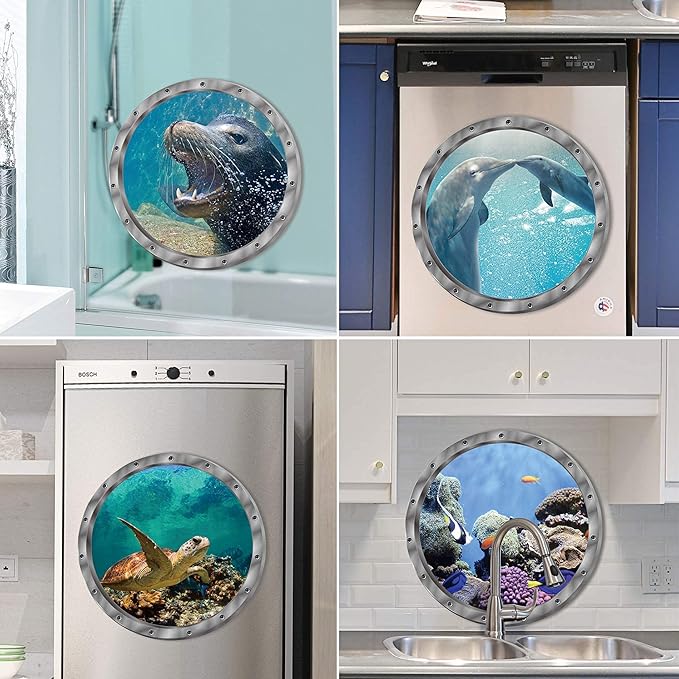 4 PCS Removable 3D Under The Sea Nature Scenery Wall Decals - Animals Wall Sticker Home Wall Art Decor for Bathroom Bedroom Door Kids Baby Nursery Room - Includes Turtles, Dolphins, Sea Lions, Coral