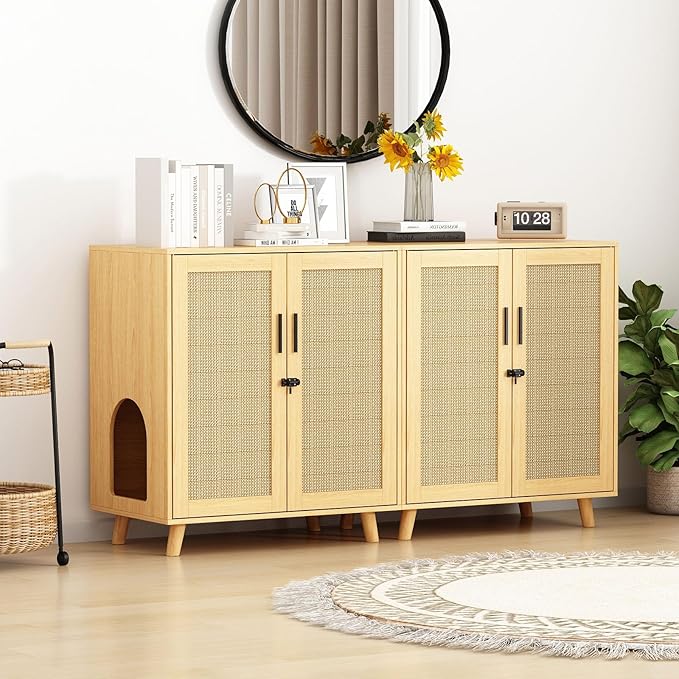 Lovinouse Large Cat Litter Box Enclosure,Hidden Kitty Litter Furniture with Sisal Covered Doors,2-Layer Wooden Cat Washroom Cabinet w/Adjustable Shelf,Side Table for Living Room,Natural