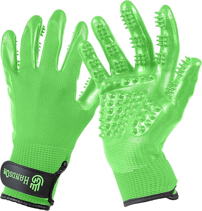 H HANDSON Pet Grooming Gloves - Patented #1 Ranked, Award Winning Shedding, Bathing, & Hair Remover Gloves - Gentle Brush for Cats, Dogs, and Horses (Mono Green, Small)